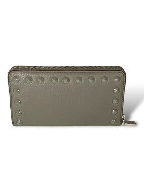 New J. Crew Large Studded Zip Around Wallet Grey Real Leather